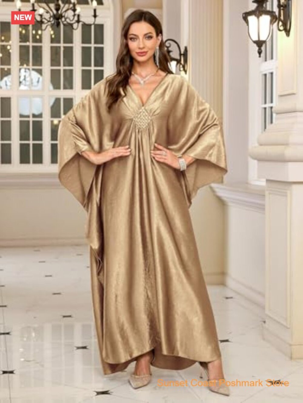 Solid Chiffon Plus Size Kaftan Dress Maxi Beach Cover Up Batwing Sleeve - Picture 7 of 7